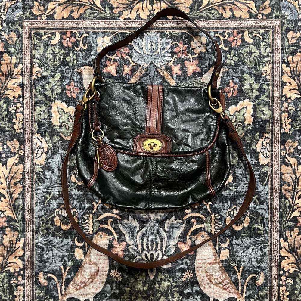Fossil Women's Black Leather Hobo Bag with Brown Trim Shoulder or Crossbody Bag